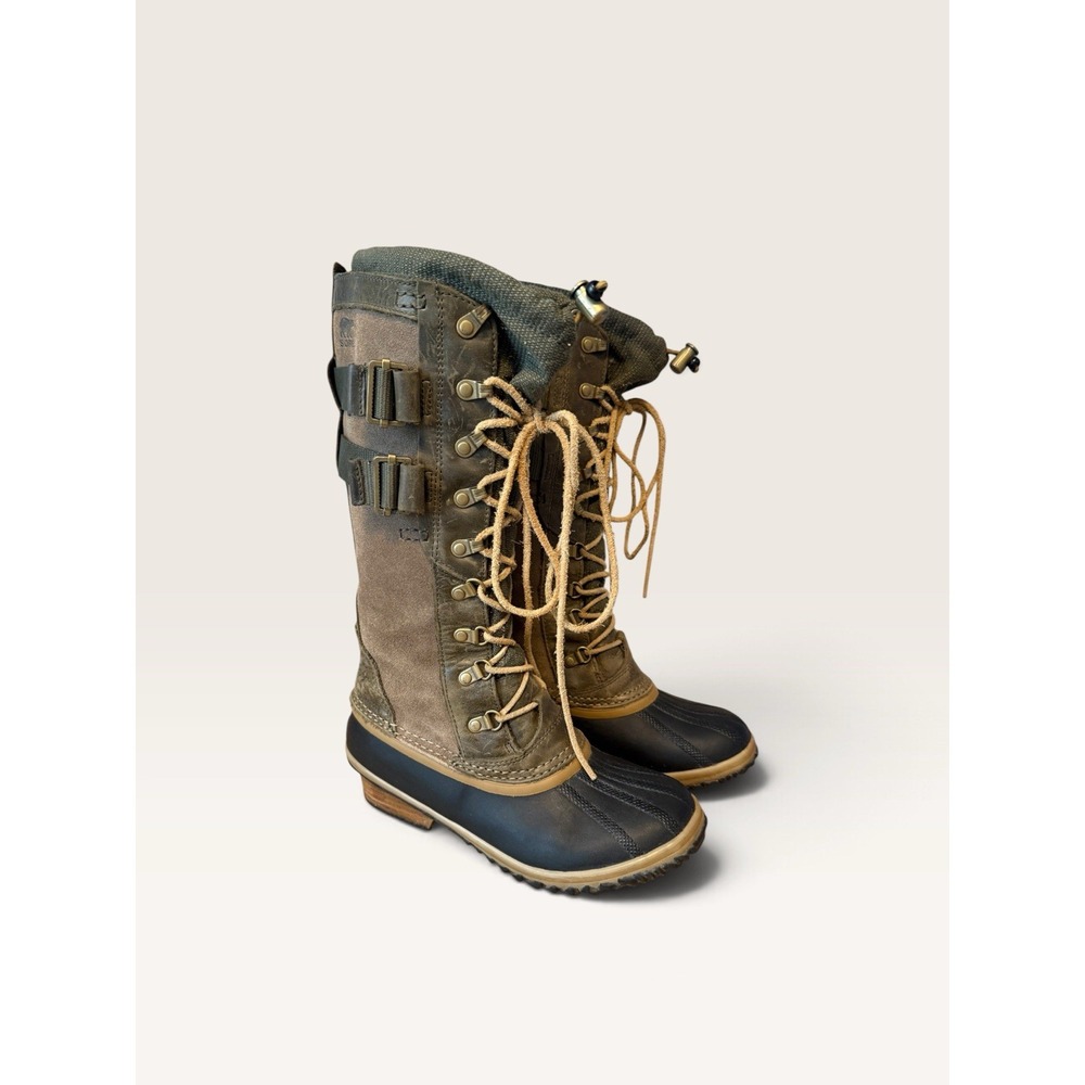 Sorel Boots Conquest Carly Women's 8 Khaki Waterproof Tall Lace Up Winter Suede